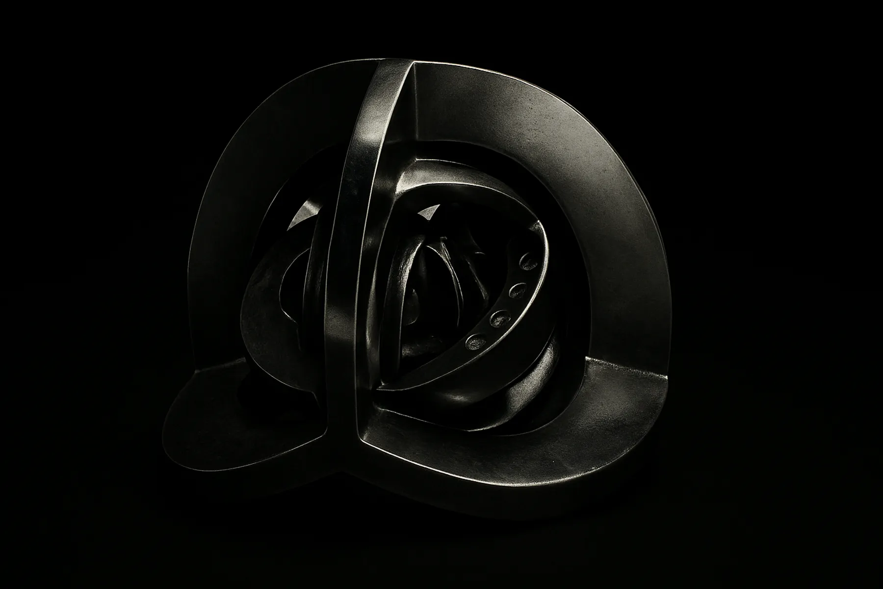 A cast metal Riddlum puzzle photographed on black